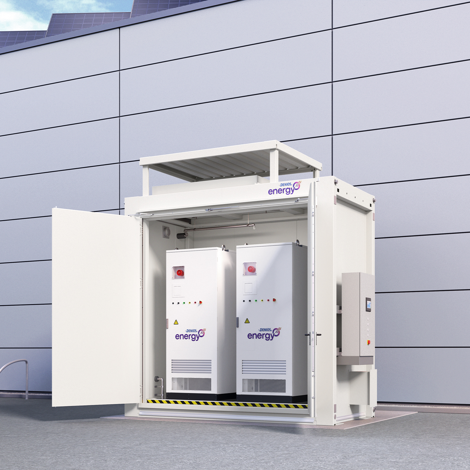 Plug & Play POWER SAFE RFP - eine Speicher-in-Containerlösung mit baulichen Nachweisen für Brandschutz und Wasserschutz - kann direkt an einem Gebäude aufgestellt werden